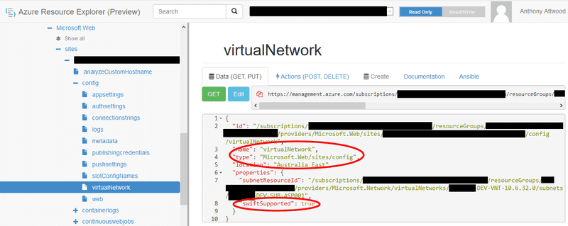 resources.azure.com web app virtualNetwork node